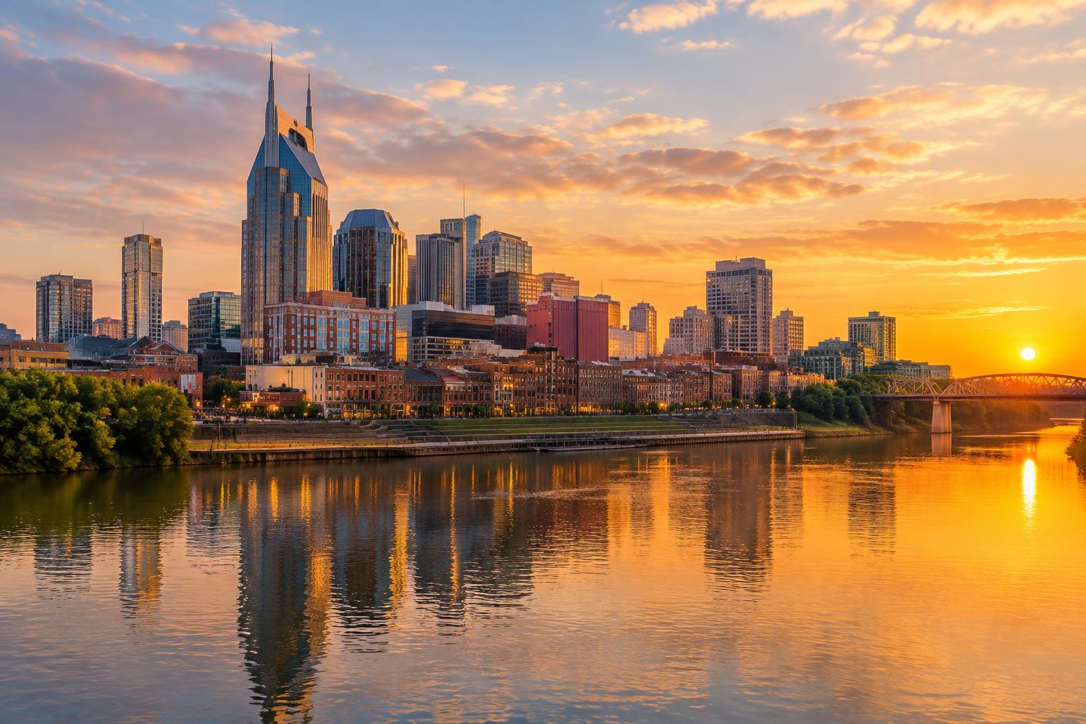 Nashville skyline at golden hour across the Cumberland River