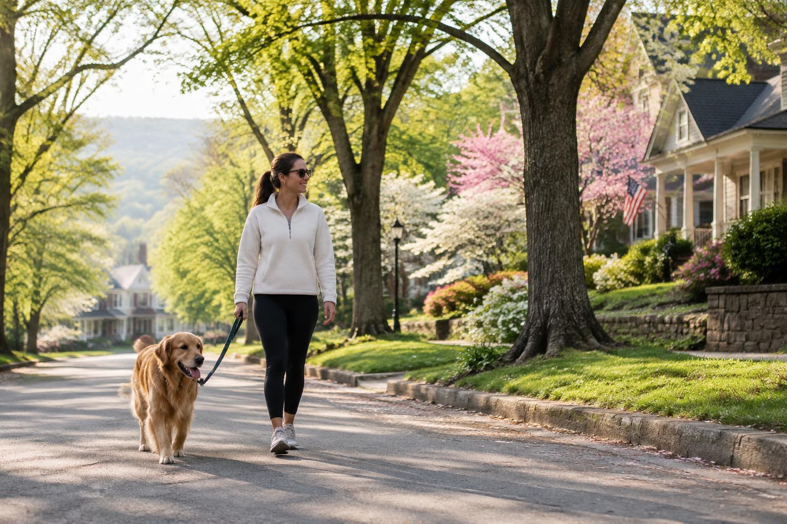A woman walking a dog on a tree-lined Tennessee neighbourhood street in spring